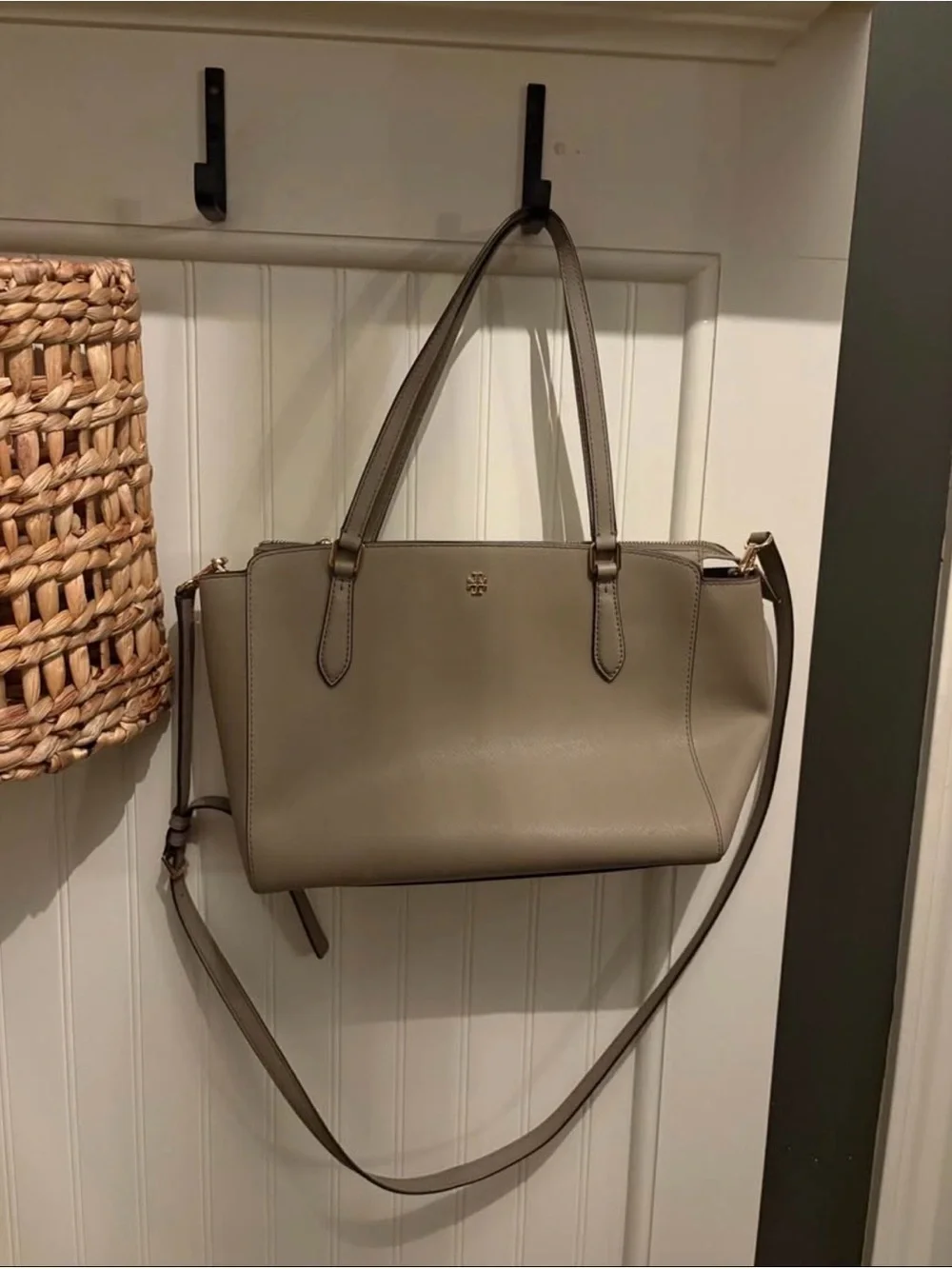 Tory Burch Taupe Leather Satchel with Crossbody Strap